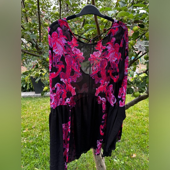 FREE PEOPLE Printed Symphony Black & Purple Long Sleeve Printed Slip Dress, Sz L - Picture 11 of 15
